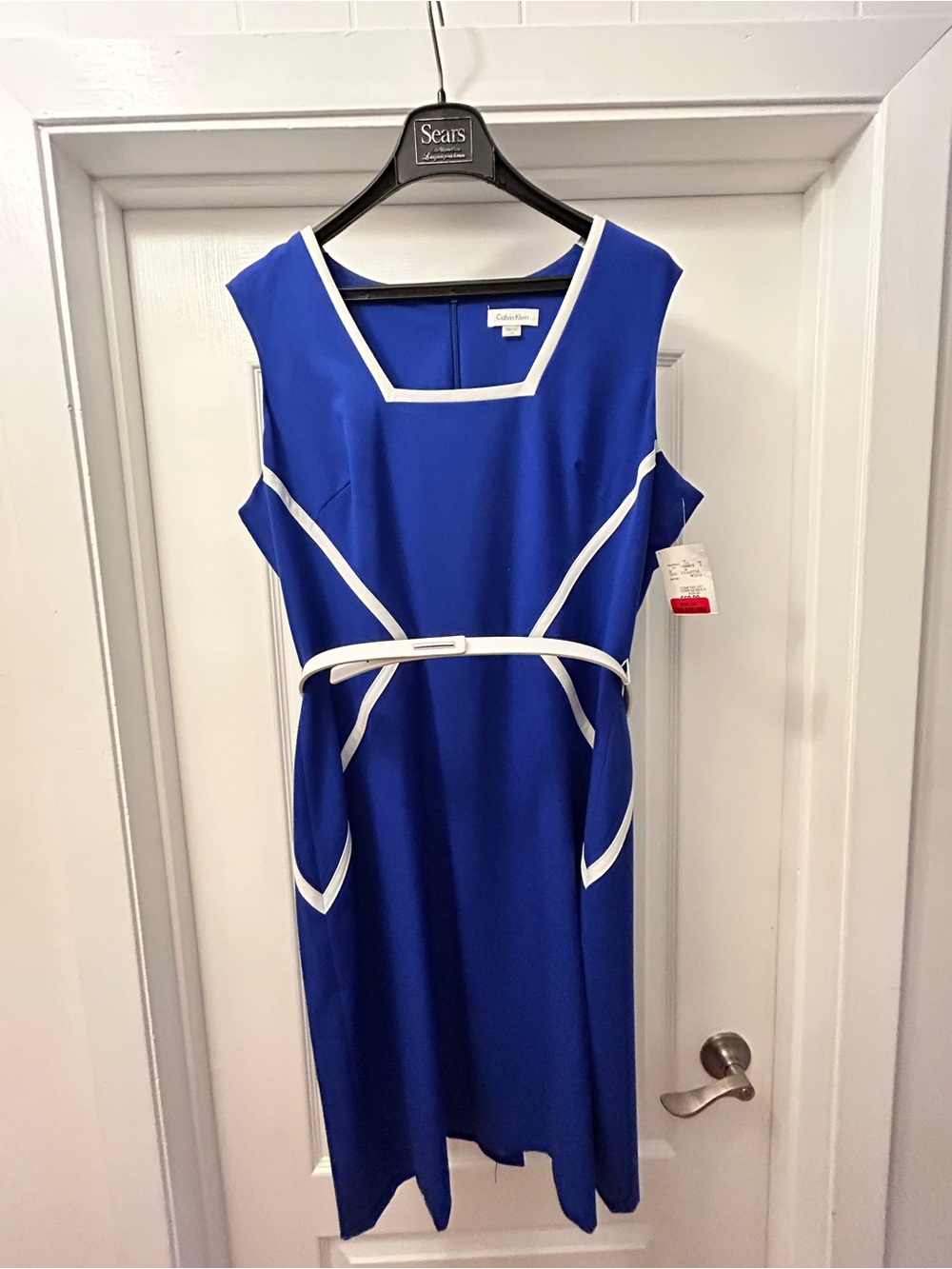 Calvin Klein Royal Blue Midi Dress with White Trim
